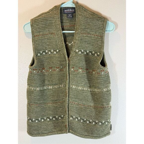 Vintage Woolrich  Knitted Lambswool Blend Olive Green Women's Button Up Vest M - Picture 1 of 8